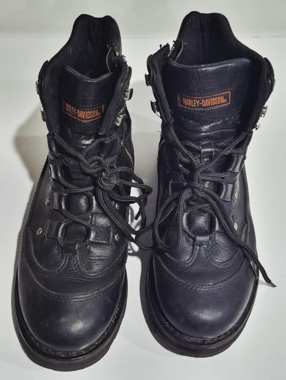 HARLEY DAVIDSONMen's Black Leather Lace-Up Boots with Side Zipper. Size 10